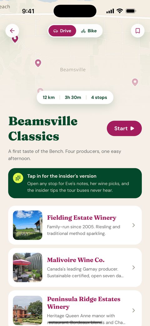 A curated Siplo wine route showing its map and ordered stops